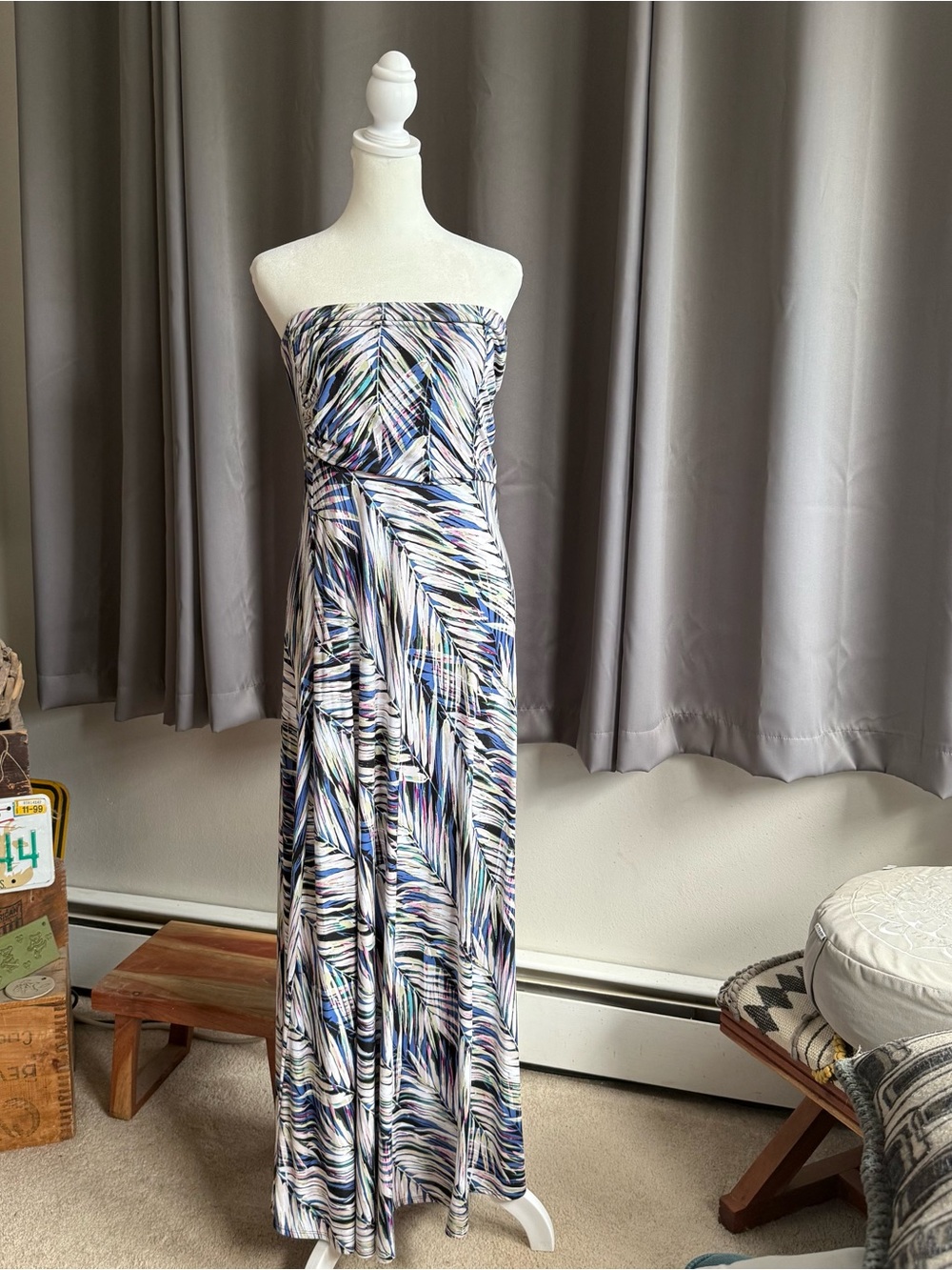 Banana Republic Strapless Maxi Dress in Blue and White Palm-Leaf Tropical Print